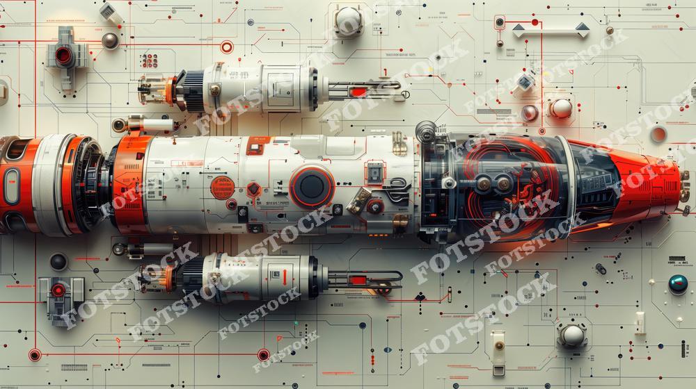 Футуристический космический модуль с высокой детализацией и яркими элементами. Его окружает схематичный фон с линиями и техническими деталями, подчёркивающими инженерный дизайн. Этот образ идеально подходит для проектов, связанных с научной фантастикой, космическими исследованиями и высокотехнологичными инновациями.
